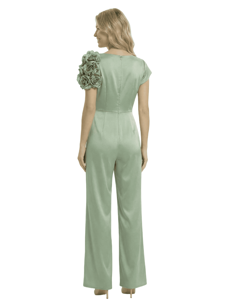 Chicsew Mother of The Groom Jumpsuit Unique Flower Detail Satin Wide Leg Long Outfit Sleek Modern Design