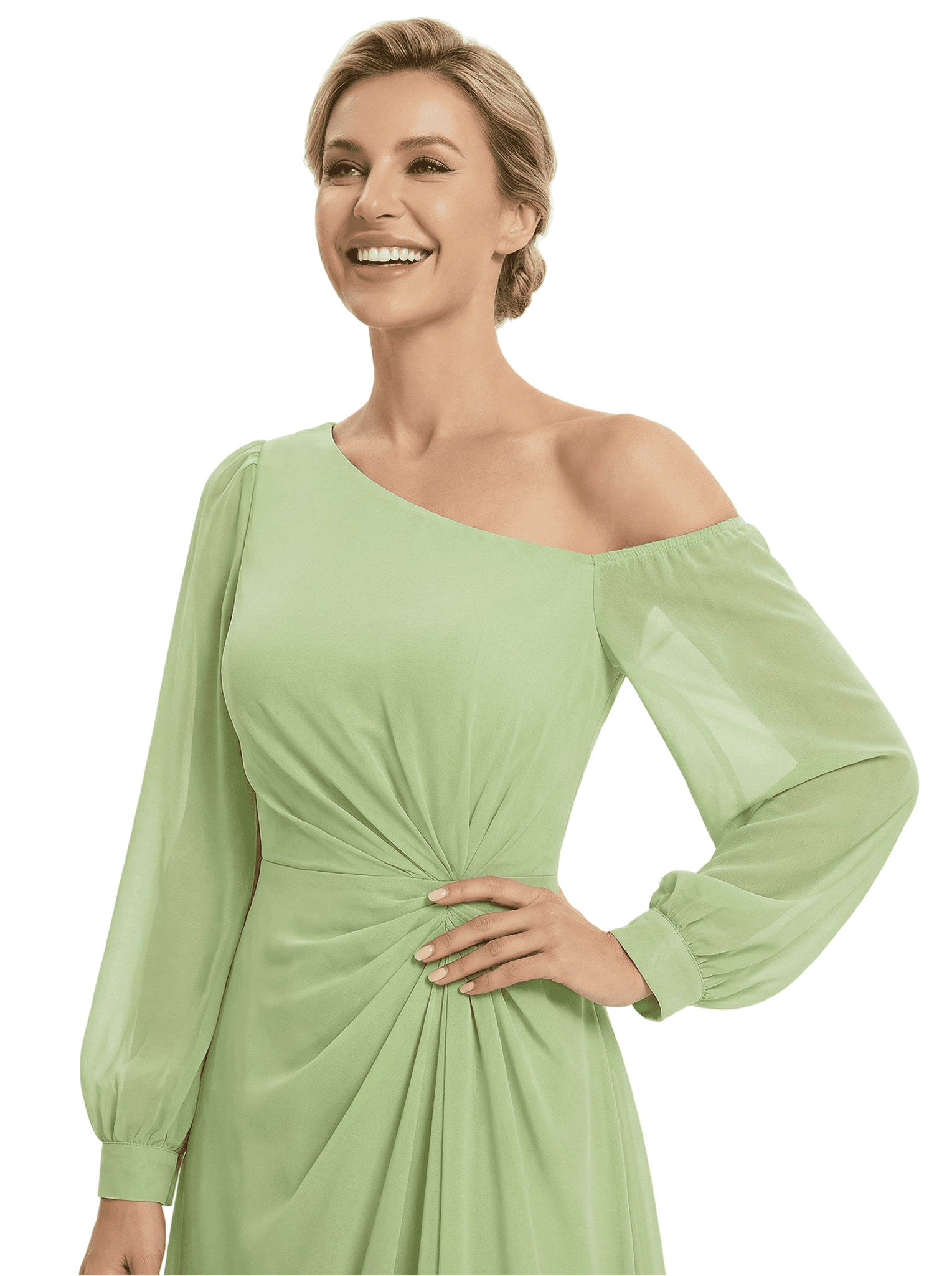 Chicsew Modern One Shoulder Knee-Length Long Sleeves Sheath Ruched Chiffon Mother Of The Bride Dresses