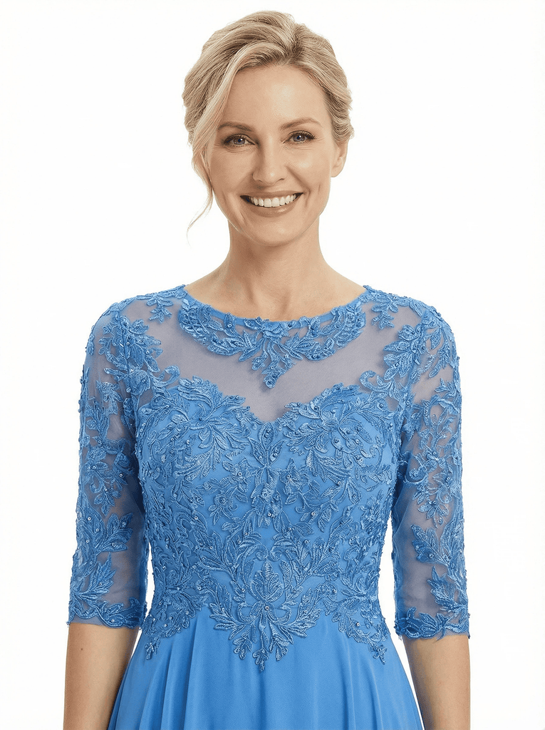 Chicsew Beautiful Illusion Lace Half Sleeves A-Line Chiffon Long Mother Of The Groom Evening Gown