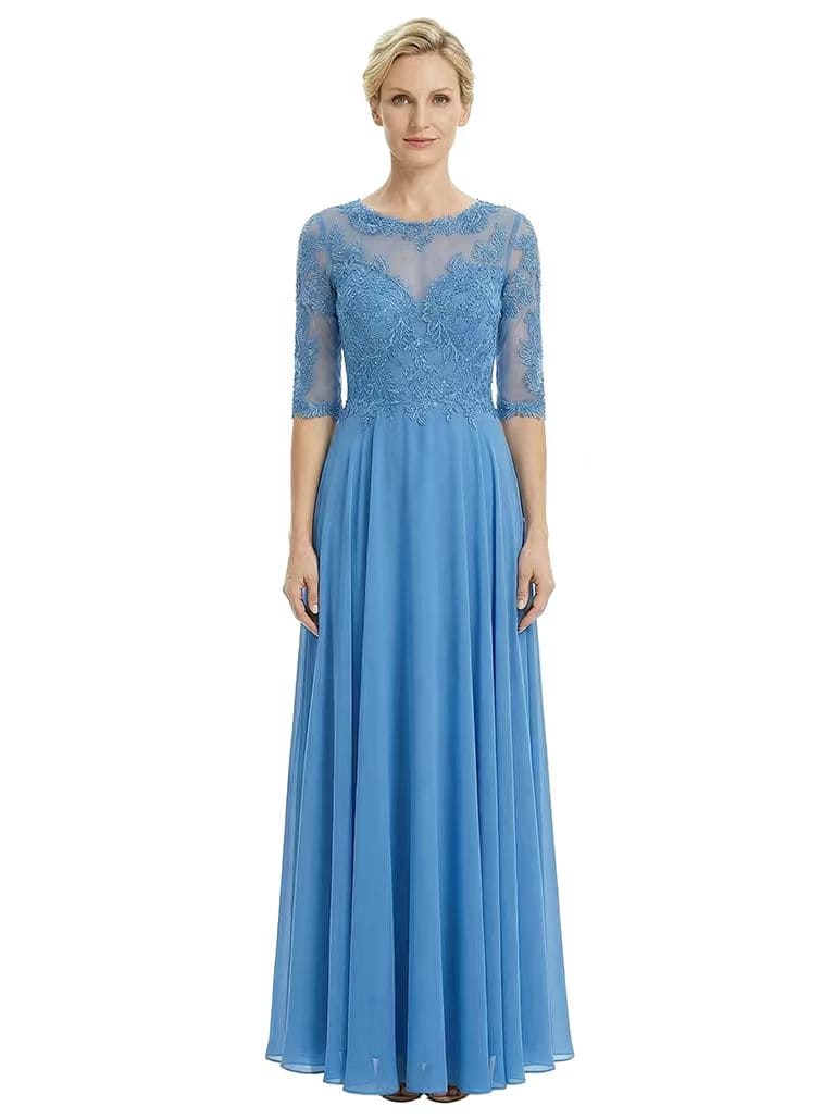 Chicsew Beautiful Illusion Lace Half Sleeves A-Line Chiffon Long Mother Of The Groom Evening Gown