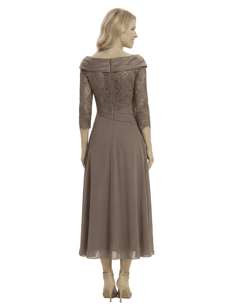 Chicsew Classy Chiffon A-Line Off The Shoulder Lace Applique Tea-Length Mother Of The Groom Dress
