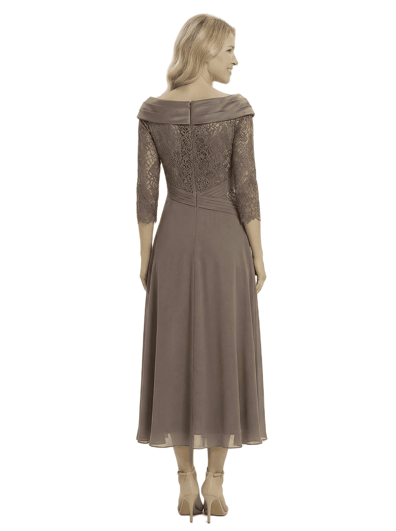 Chicsew Classy Chiffon A-Line Off The Shoulder Lace Applique Tea-Length Mother Of The Groom Dress