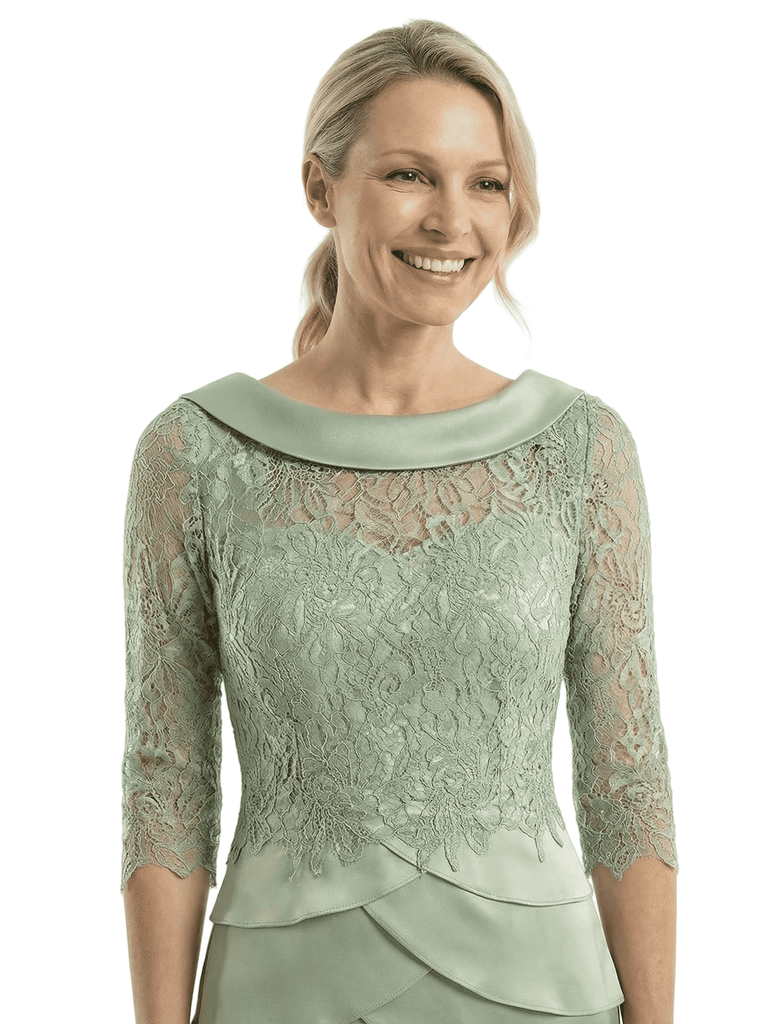 Chicsew Sophisticated Scoop Silky Satin Sheath Lace Sleeves Mother Of The Groom Knee-Length Dress