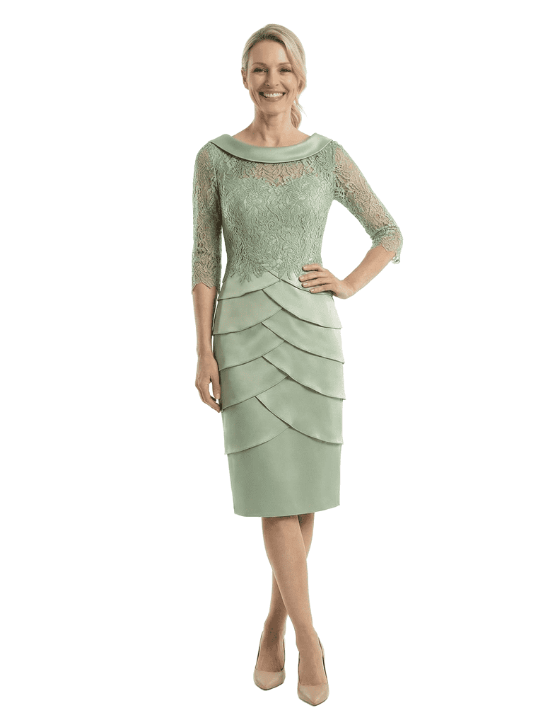 Chicsew Sophisticated Scoop Silky Satin Sheath Lace Sleeves Mother Of The Groom Knee-Length Dress