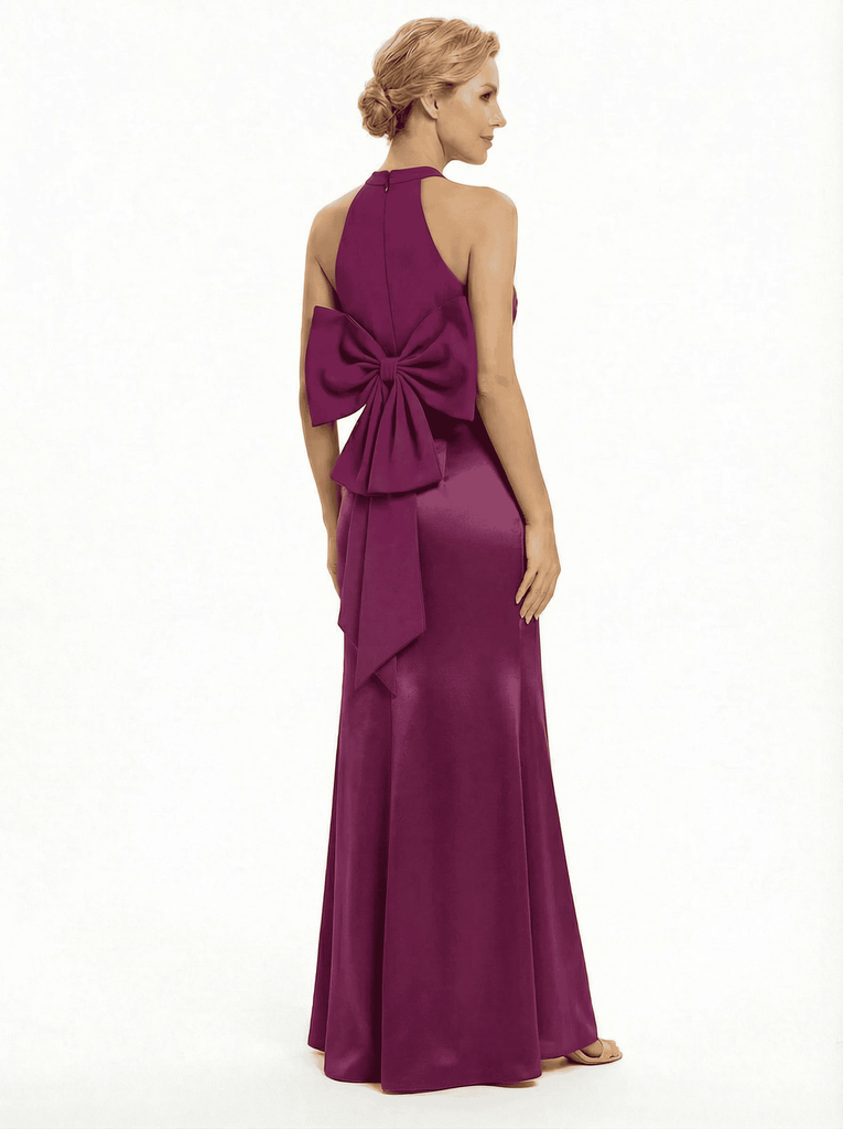 Chicsew Unique Halter Mermaid Satin Mother Of The Bride Gown With Elegant Oversized Bow