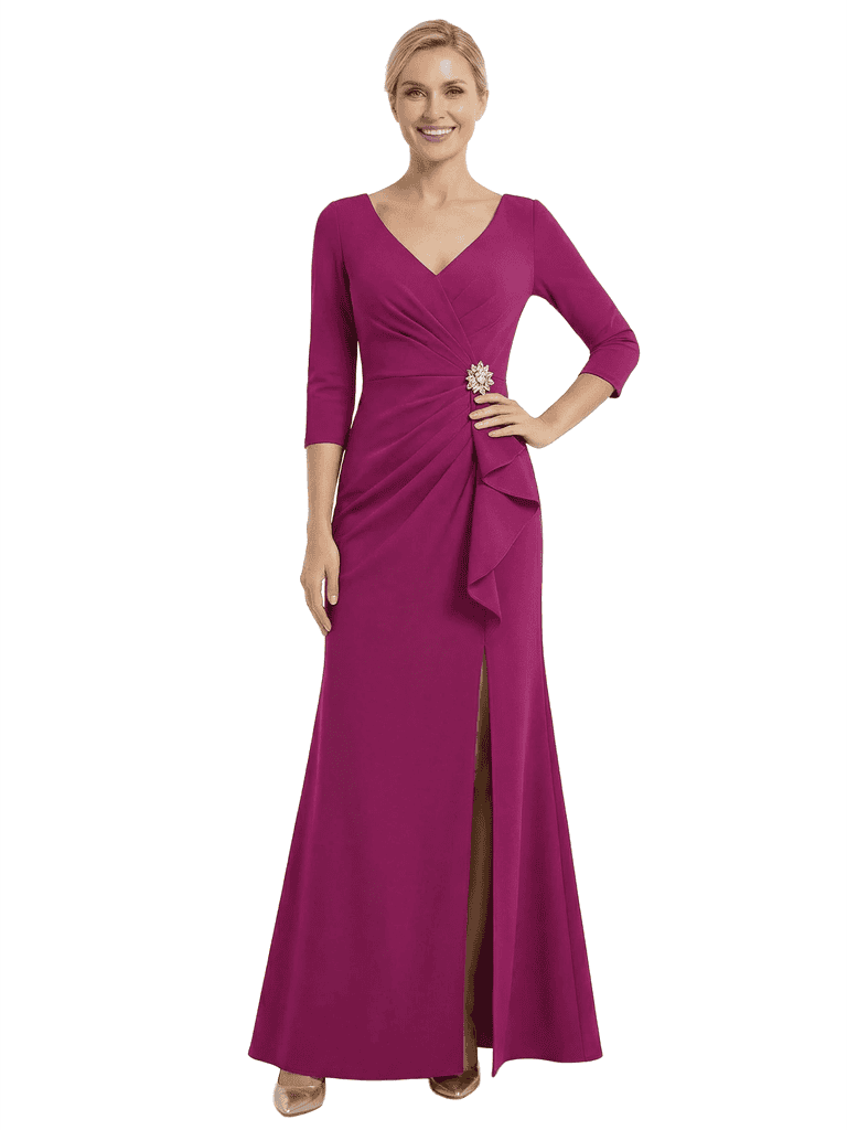 Chicsew Fancy V-Neck Ruched Jersey Sheath Formal Dress For Mother Of The Bride With Side Slit