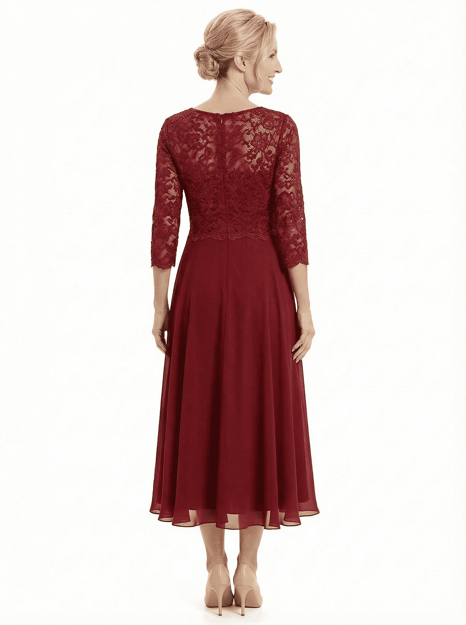 Chicsew Sophisticated Long Sleeves Lace Top Chiffon A-Line Tea-Length Wedding Dress For Mother Of The Bride