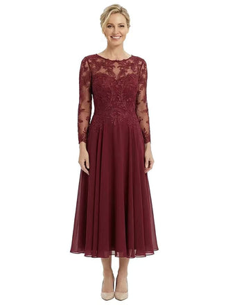 Chicsew Sophisticated Long Sleeves Lace Top Chiffon A-Line Tea-Length Wedding Dress For Mother Of The Bride