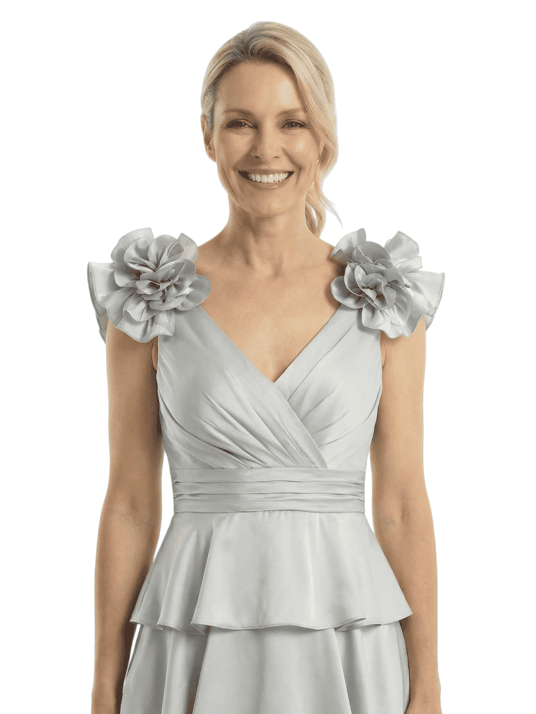 Chicsew Mother of The Bride Dresses V-Neck Sleeveless Satin Tiered Maxi Gown Unique Flower Detailed Formal Wedding Event Attire