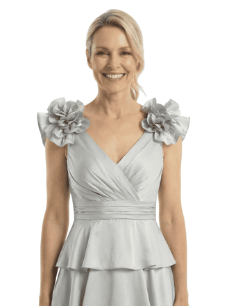 Chicsew Mother of The Bride Dresses V-Neck Sleeveless Satin Tiered Maxi Gown Unique Flower Detailed Formal Wedding Event Attire