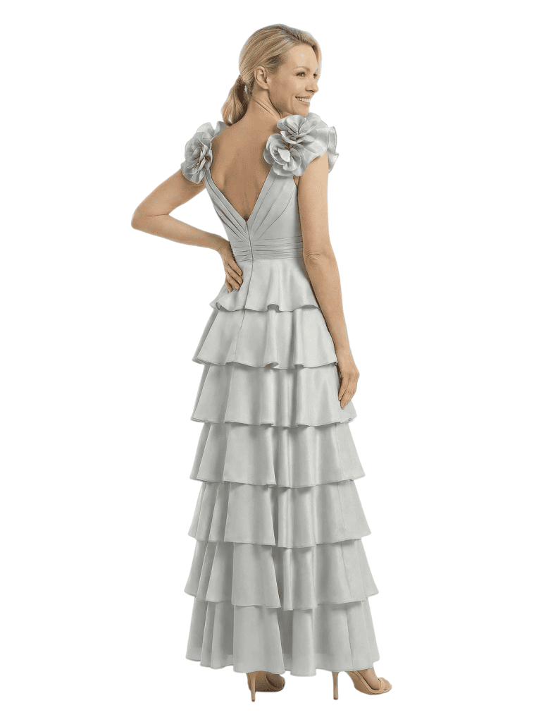 Chicsew Mother of The Bride Dresses V-Neck Sleeveless Satin Tiered Maxi Gown Unique Flower Detailed Formal Wedding Event Attire