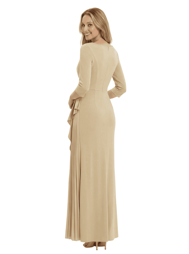 Chicsew Elegant V-Neck 3/4 Sleeves Pleated Floor Length Sheath Mother Of The Groom Dress
