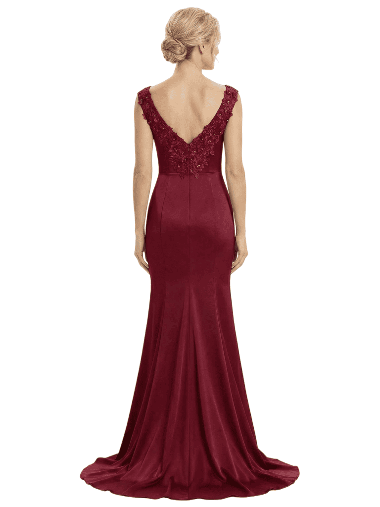 Chicsew Mother of The Groom Dresses V-Neck Sleeveless Satin Mermaid Train Gown with Slit Elegant Beaded Formal Bridal Party Dress