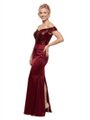 Chicsew Unique Mermaid Satin Mother Of The Groom Off Shoulder Sequin Top Formal Back Slit Gown