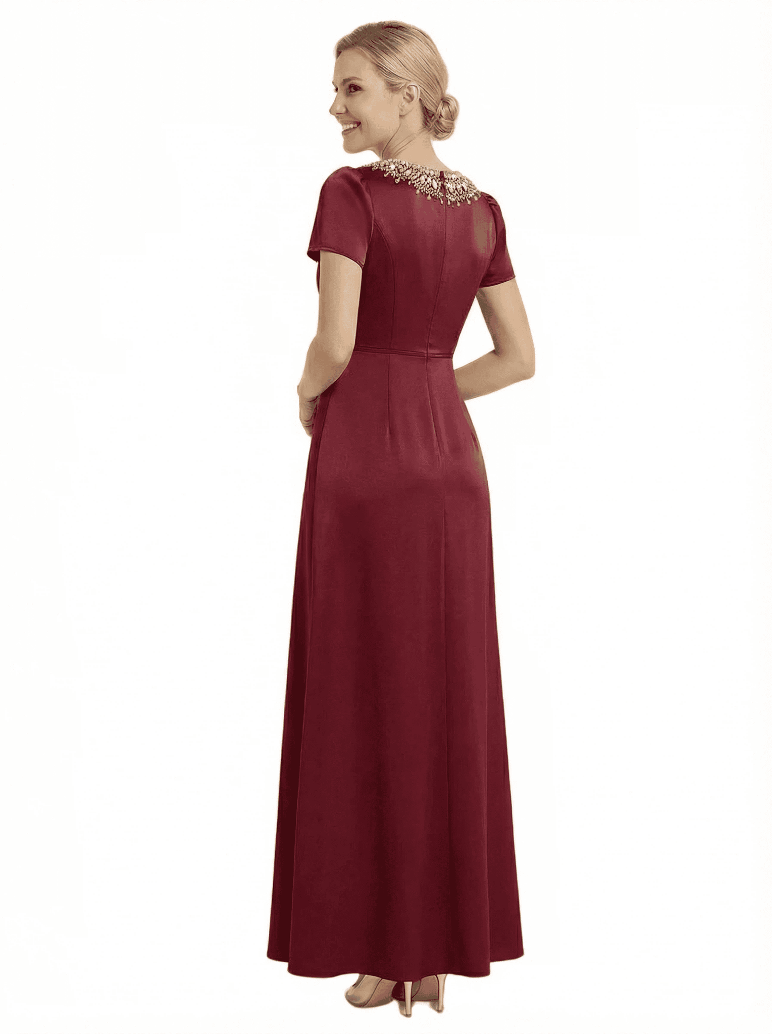Chicsew Elegant Silky Satin Short Sleeves A-Line Beaded Maxi Mother of The Groom Dress
