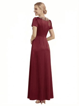 Chicsew Elegant Silky Satin Short Sleeves A-Line Beaded Maxi Mother of The Groom Dress