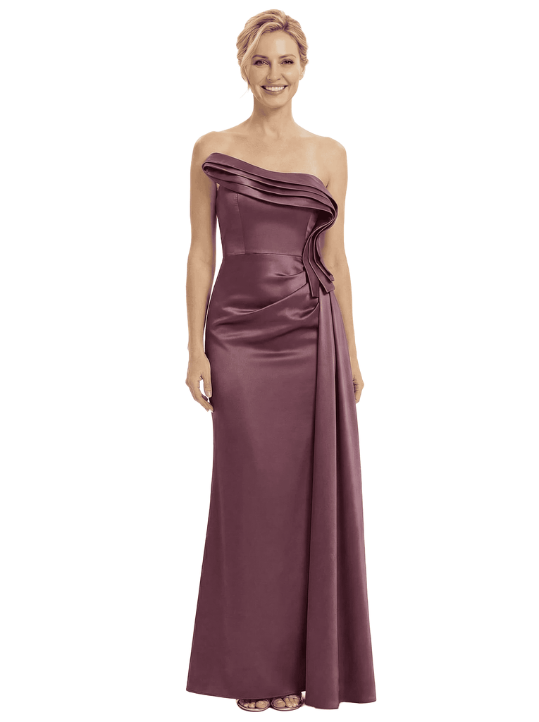 Chicsew Strapless Ruffle Mother Of The Bride Dresses Satin Modern Sheath Gown