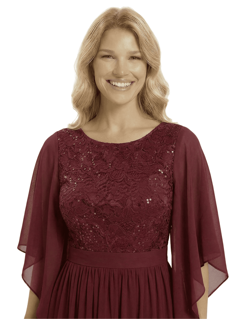 Chicsew Elegant Jewel 3/4 Sleeves A-Line Lace Appliques Chiffon Mother Of The Bride Dress