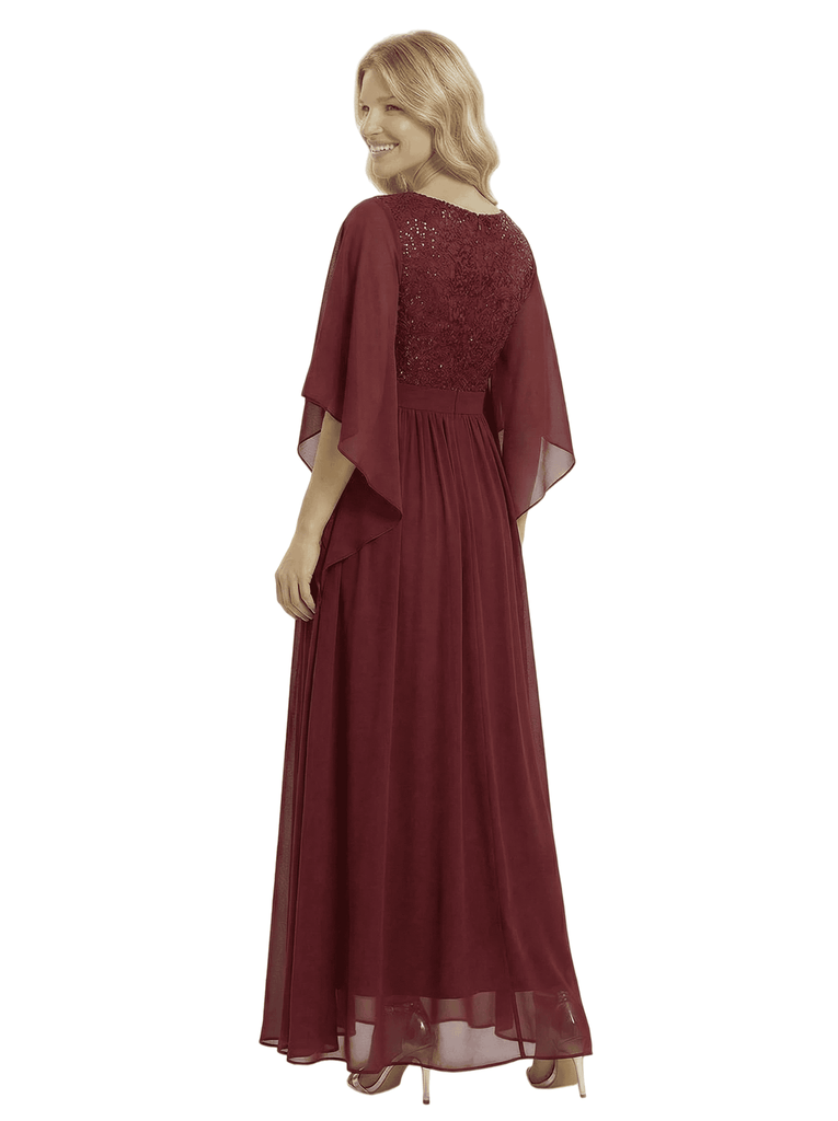 Chicsew Elegant Jewel 3/4 Sleeves A-Line Lace Appliques Chiffon Mother Of The Bride Dress