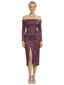 Chicsew Modern Off The Shoulder Long Sleeve Satin Tea-Length Mother Of The Bride Dress With Side Slit