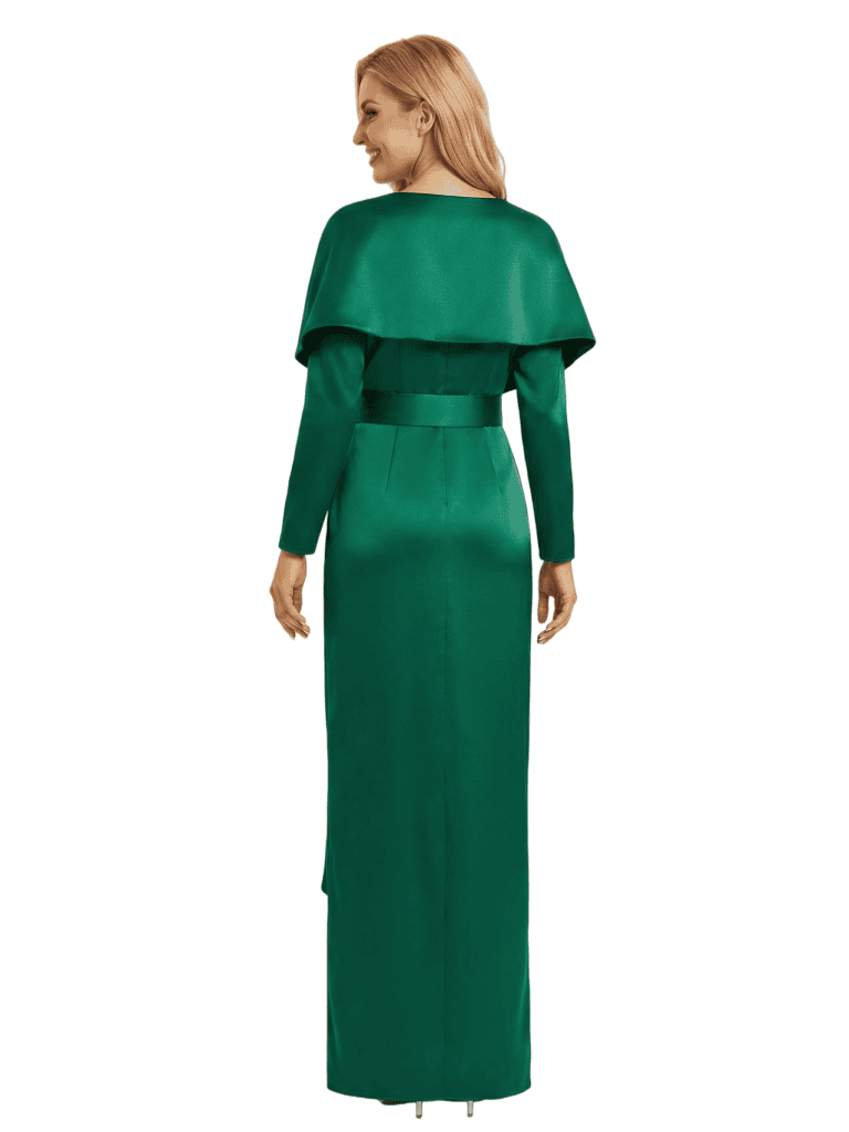 Chicsew Mother of The Bride Dresses V-Neck Long Sleeve Satin Capelet Maxi Gown Classy Belted Formal Wedding Event Attire