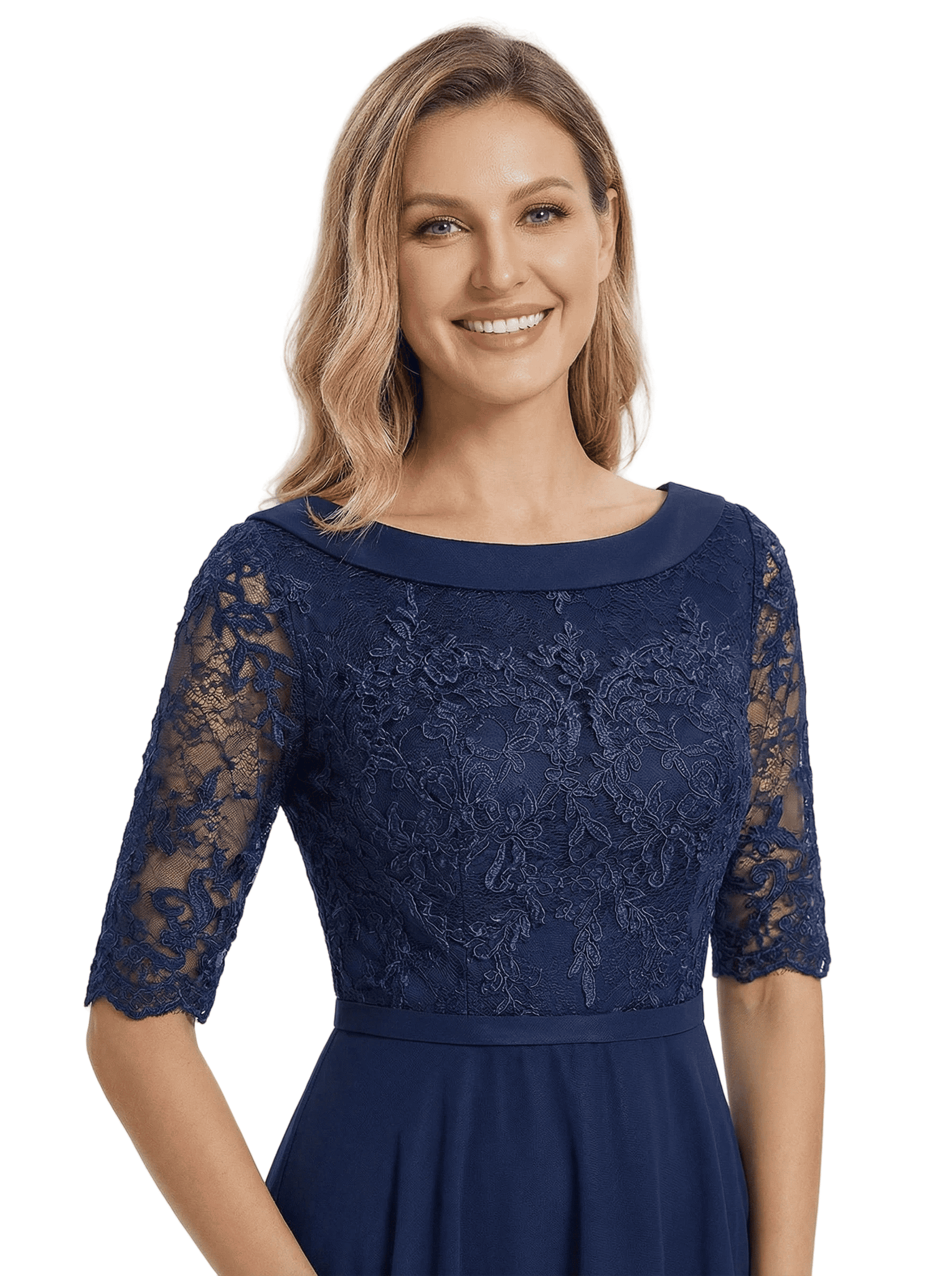 Chicsew Elegant Boat Neck Satin Lace Mother Of The Bride Dresses Tea-Length A-Line Gowns