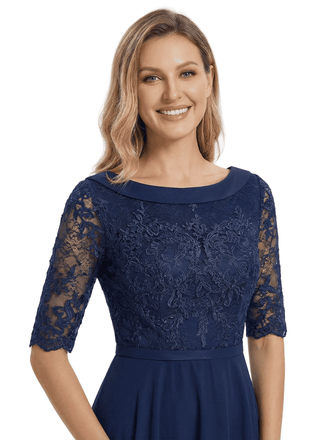 Chicsew Elegant Boat Neck Satin Lace Mother Of The Bride Dresses Tea-Length A-Line Gowns