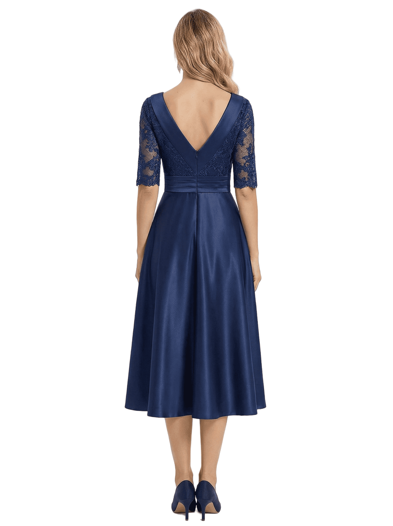 Chicsew Elegant Boat Neck Satin Lace Mother Of The Bride Dresses Tea-Length A-Line Gowns