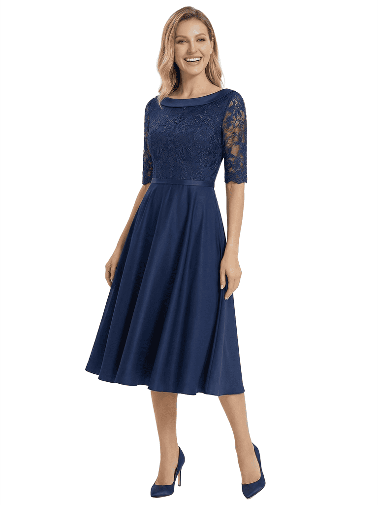 Chicsew Elegant Boat Neck Satin Lace Mother Of The Bride Dresses Tea-Length A-Line Gowns