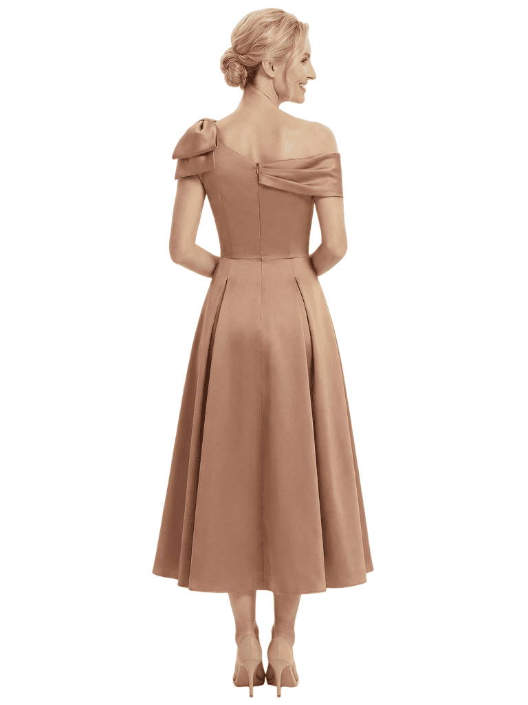 Chicsew Mother of The Bride Dresses Off The Shoulder Satin Tea Length Gown Unique Bow Detailed Formal Wedding Dress