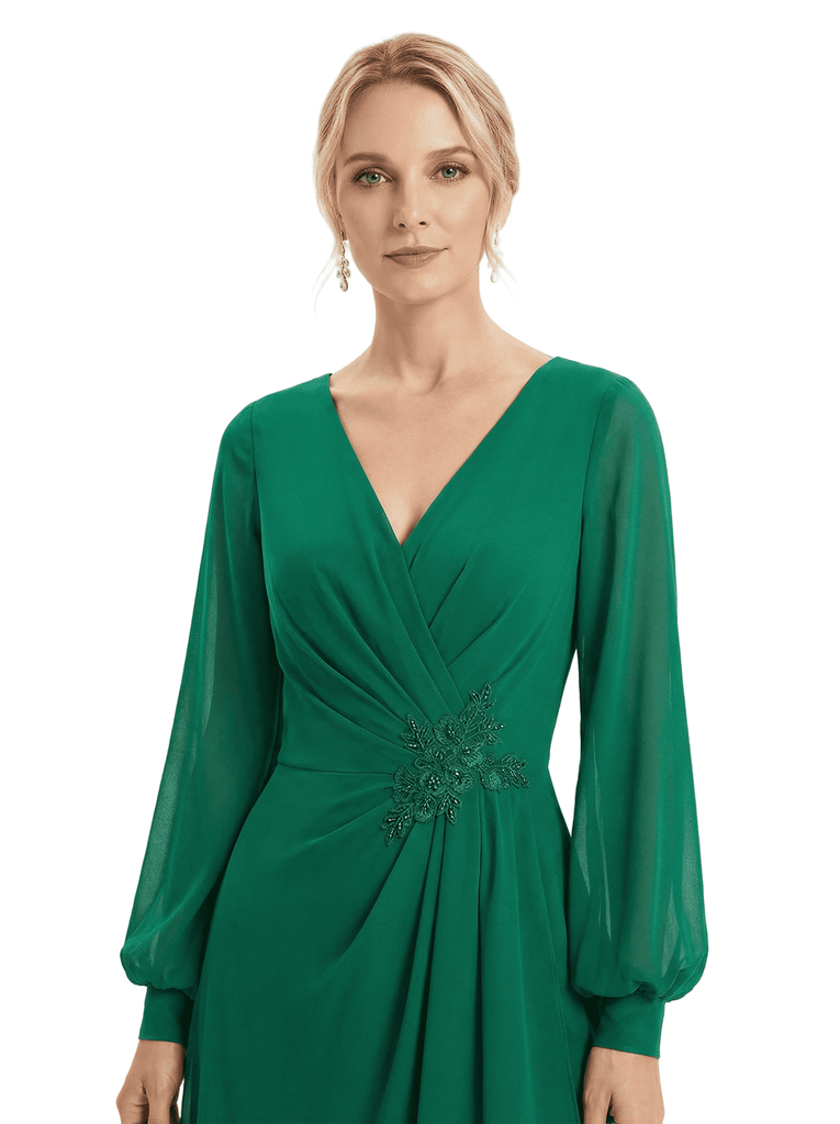 Chicsew Chiffon Jumpsuit Mother Of The Bride Dresses V-Neck Long Sleeves Evening Pant Suits