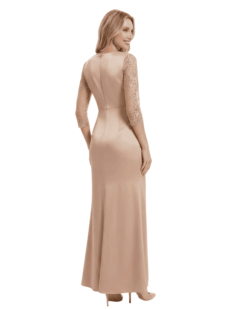 Chicsew Mother of The Groom Dresses V-Neck 3/4 Sleeve Satin Mermaid Maxi Gown Pretty Lace Detailed Formal Bridal Party Dress