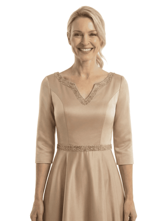 Chicsew Mother of The Bride Dresses V-Neck 3/4 Sleeve Satin High-Low Gown Elegant Beaded Formal Wedding Event Attire