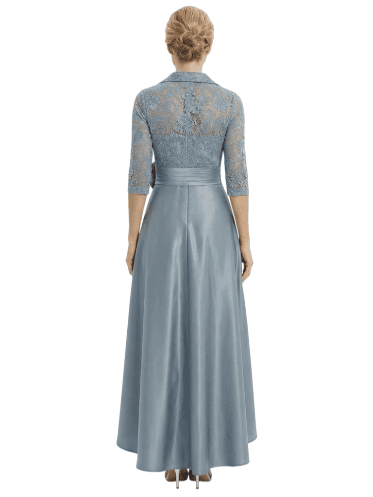 Chicsew Mother of The Bride Dresses V-Neck Half Sleeve Lace Satin High-Low Gown Unique Flower Detailed Formal Wedding Event Attire