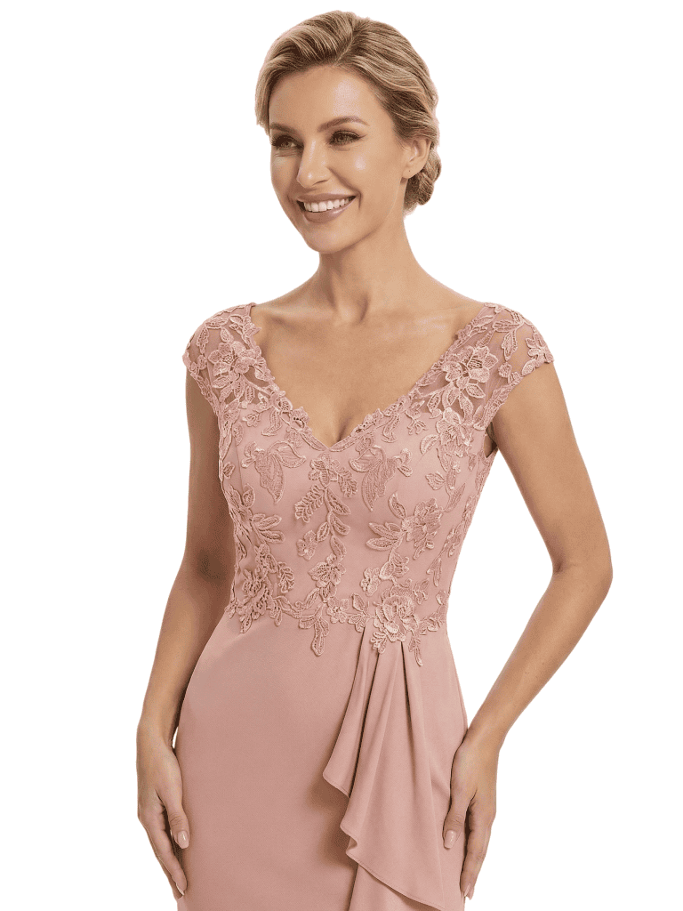 Chicsew Mother of The Groom Dresses V-Neck Cap Sleeve Chiffon Mermaid Maxi Gown With Slit Fancy Ruffled Formal Bridal Party Dress