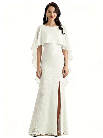 Elegant Cape Neckline Chiffon Lace Mermaid Long Mother of The Bride Dresses