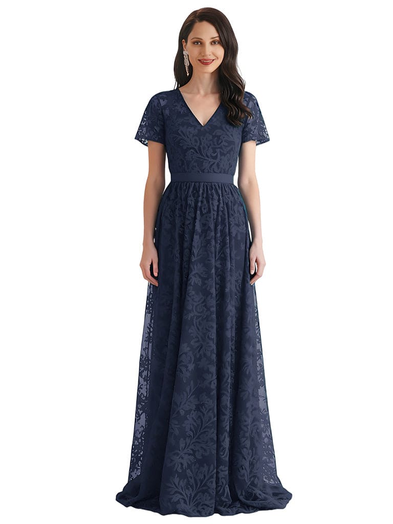 Lace V-neck Short Sleeves A-line Long Mother of The Bride Dresses