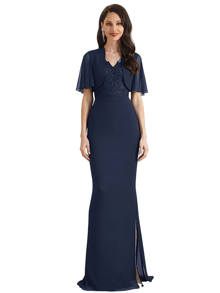 Elegant Chiffon V-Neck Short Sleeves Mermaid Long Mother of The Bride Dresses and Jacket