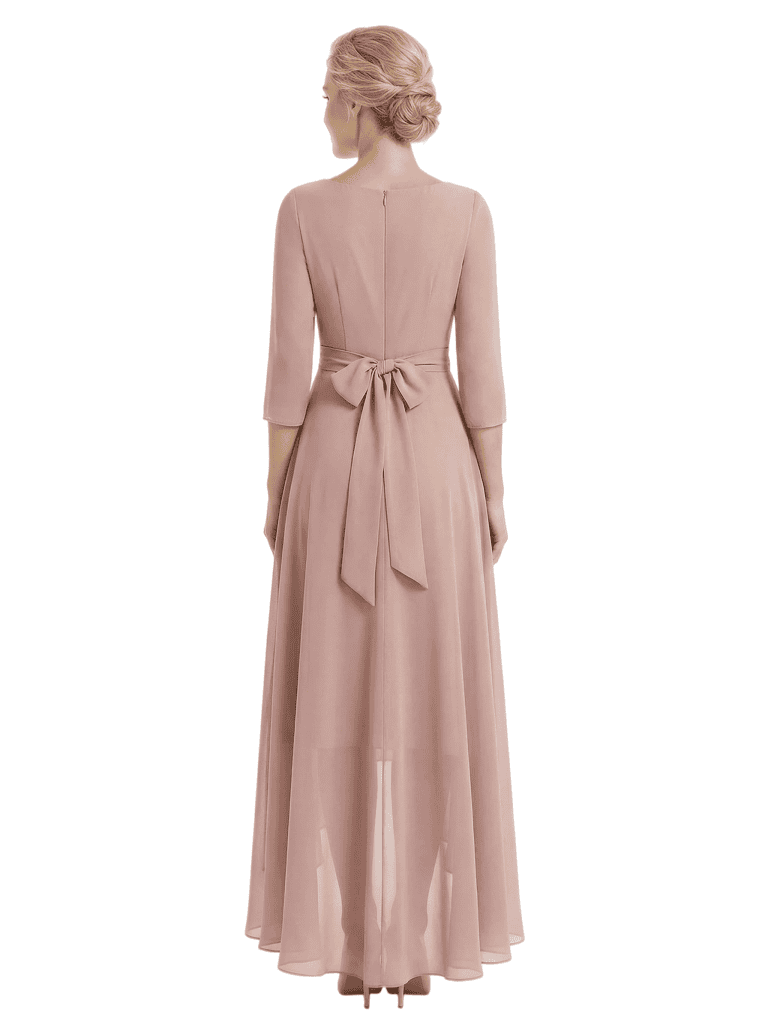 Chicsew Mother of The Groom Dresses V-Neck 3/4 Sleeve Chiffon High-Low Gown Pretty Beaded Belted Formal Bridal Party Dress