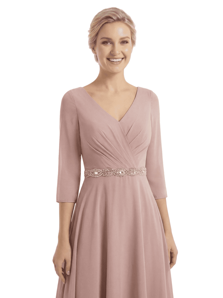 Chicsew Mother of The Groom Dresses V-Neck 3/4 Sleeve Chiffon High-Low Gown Pretty Beaded Belted Formal Bridal Party Dress