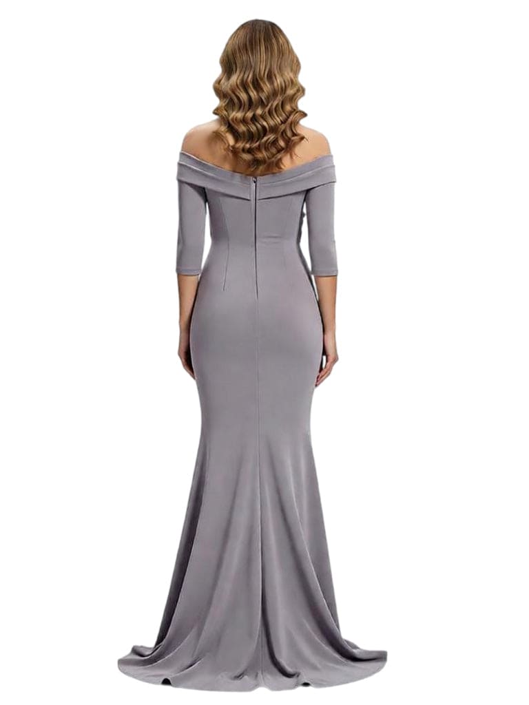 Chicsew Elegant Off Shoulder Long Sleeves Ruched Floor Length Mermaid Mother Of The Groom Dress