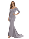 Chicsew Elegant Off Shoulder Long Sleeves Ruched Floor Length Mermaid Mother Of The Groom Dress
