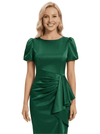 Chicsew Elegant Jewel Puff Sleeves Ruffle Satin Sheath Mother Of The Bride Dresses