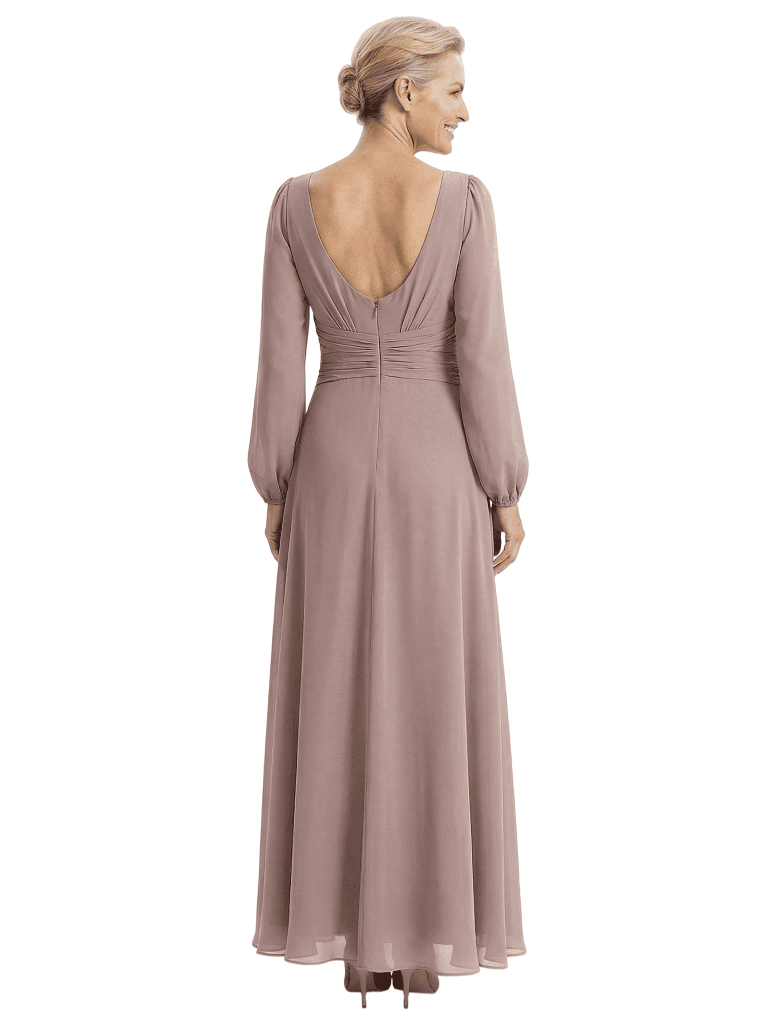 Elegant V-Neck Ruched Chiffon Mother Of The Bride Dress Long Sleeves Maxi Gown
