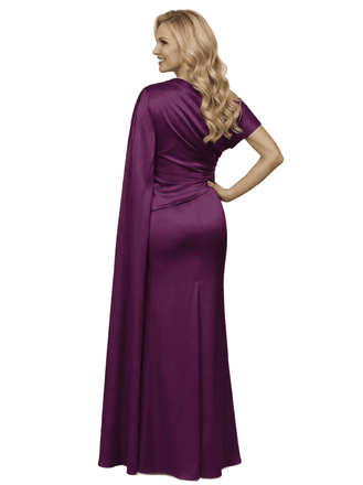 Chicsew Unique Boat Neck Drape Sleeve Mother Of The Groom Dresses Satin Ruched Formal Gown
