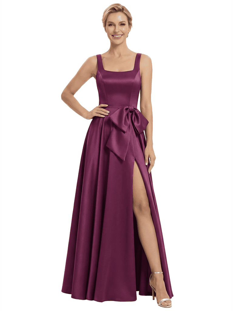 Chicsew Classy Square Neck Satin Side Slit Mother Of The Bride Dresses A-Line Gown With Bow
