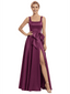 Chicsew Classy Square Neck Satin Side Slit Mother Of The Bride Dresses A-Line Gown With Bow
