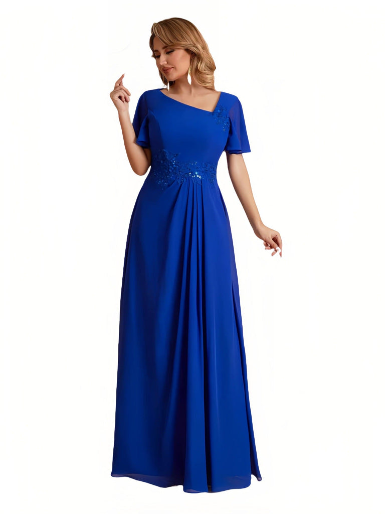 Elegant A-Line Chiffon Short Sleeves V-Neck Mother of the Brides Dresses Online