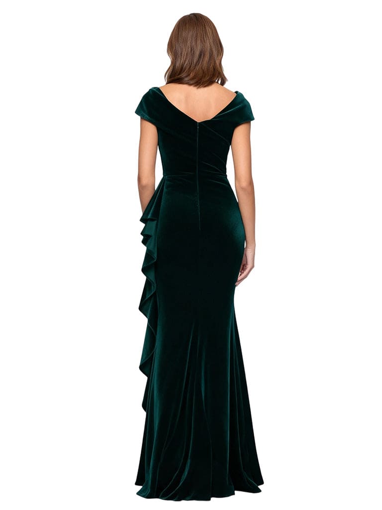 Elegant Asymmetric Cap Sleeves Ruffles Velvet Long Mother of The Dresses