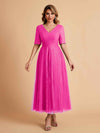 Elegant A-line Short Sleeves Tulle Lace V-neck Maxi Mother of the Brides Dresses Online UK